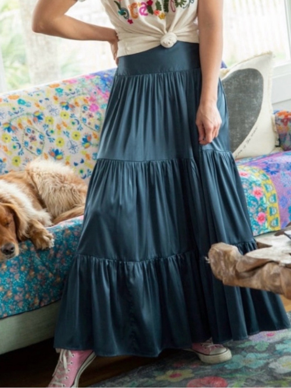 Natural Life Black Satin Boho Maxi Skirt Flowy Tiered Cottagecore
Size Medium